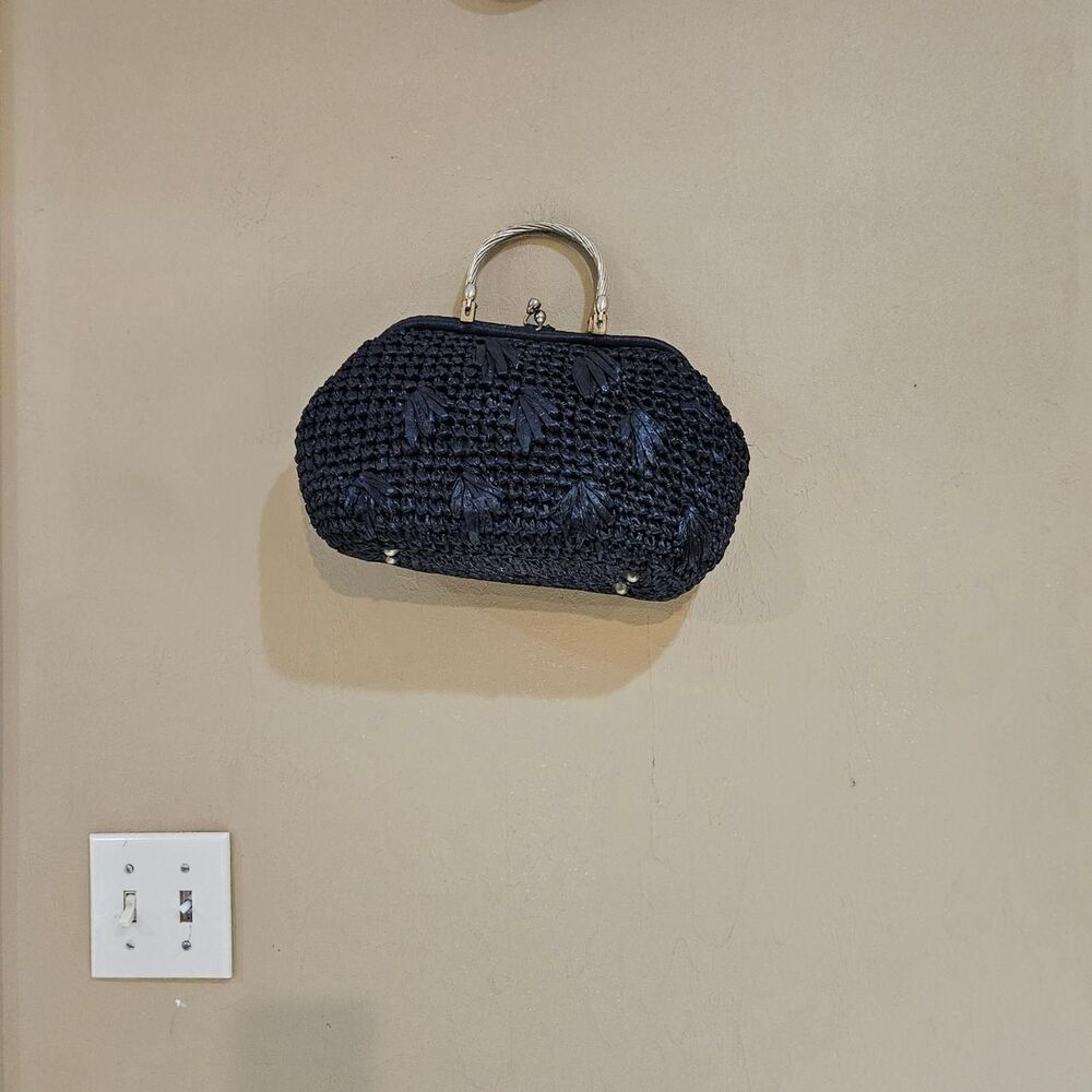 50s 60s cottagecore twee black raffia handbag made in italy - Picture 3 of 6